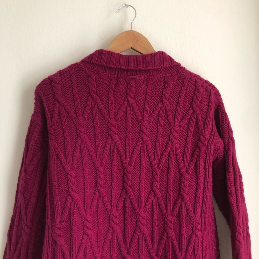 Aran Crafts Medium Vintage Cable Knit Fisherman Merino Wool Chunky Wine Cardigan - Picture 8 of 9